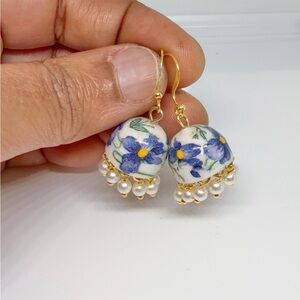 Others Follow Blue Floral Earrings with Gold and Pearl Accents